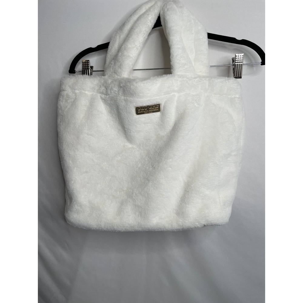 Carolina Herrera Good Girl White Faux Fur Tote Bag Gold Logo Logo Plaque